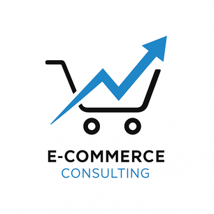 EInkaufswagen mit einem Statistik Pfeil der nach oben schnellt. darunter der Titel : E-commerce consulting