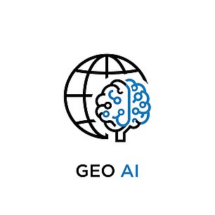 Eine Kugle mit den geographischen Linien und am rechten Rand ein Gehirn als Baumkrone.Darunter der Titel GEO AI