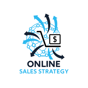 Eine Kugel die aus Verknüpfungen besteht und Pfeile in alle Richtungen aufweist. in der Mitte ein Sybol für einen Stuhl und einen Bildschirm mit Geldzeichen drin: darunter das Logo Online Sales Strategy
